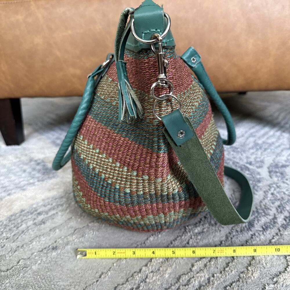 LEATHER & WOVEN SISAL Bucket Bag Tote "why not?" Multicolor - Picture 3 of 8